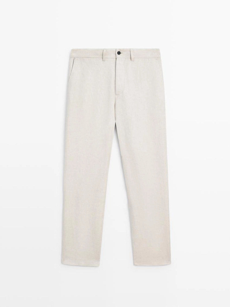 Легкие льняные брюки с вставкой из рыбьего узора