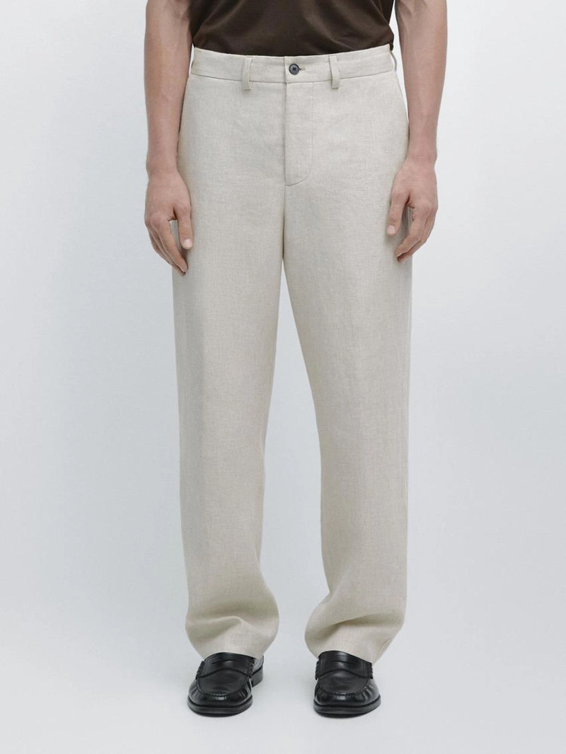 Легкие льняные брюки с вставкой из рыбьего узора