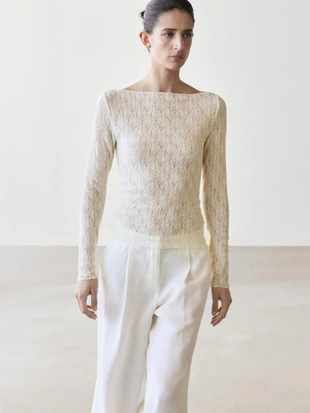 Футболка с лодочным вырезом и деталями из кружева- Заказать в России