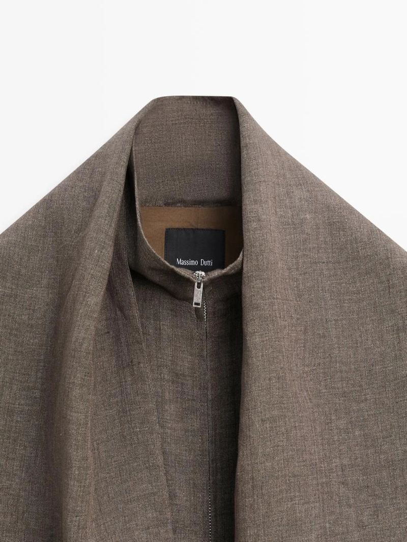 Льняная меланжевая бомбер-куртка с шарфом