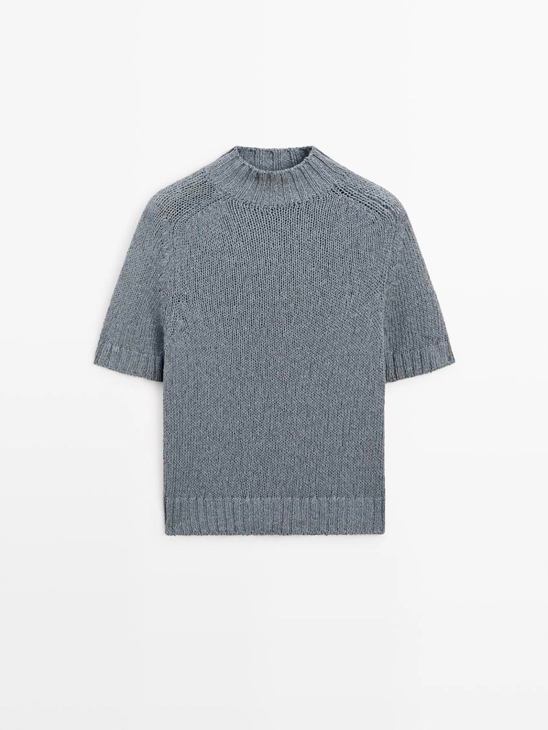 Вязанный свитер с мокрым воротником из хлопкового смесового материала