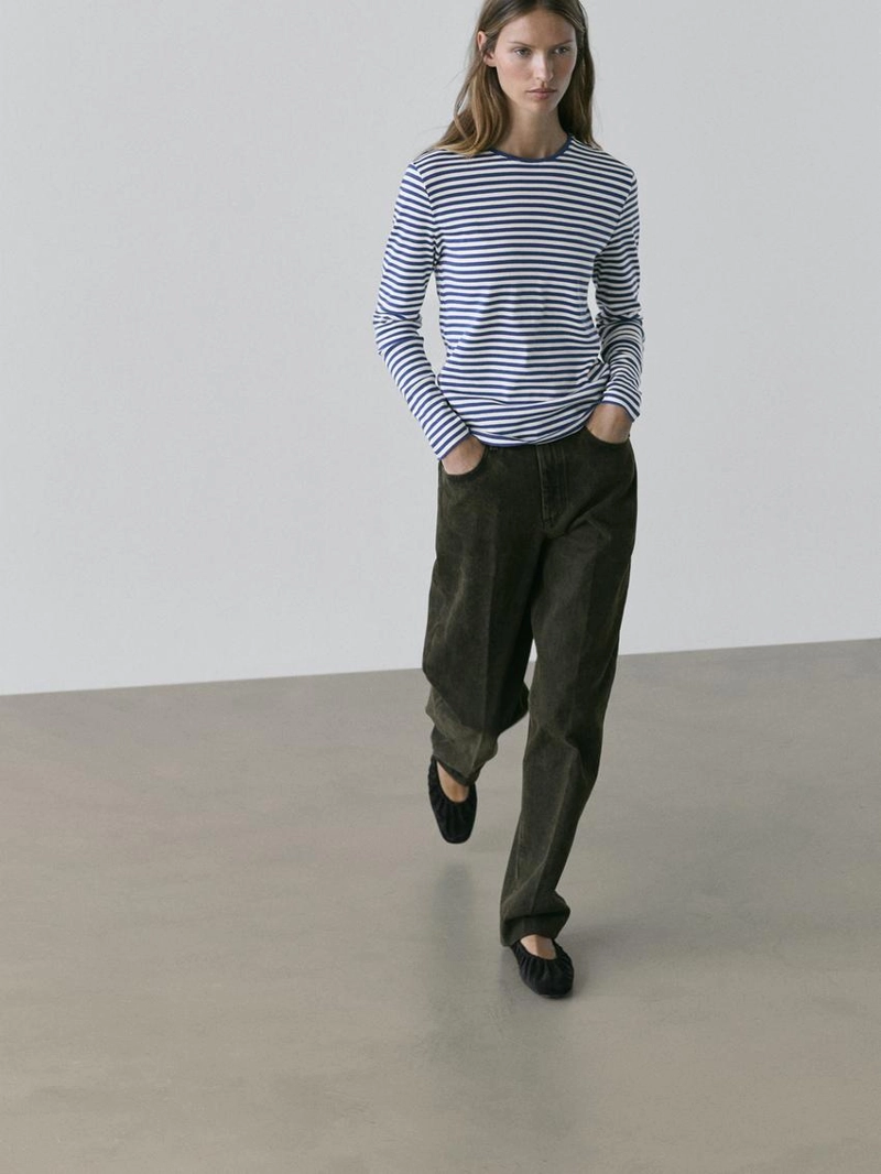 Футболка с длинным рукавом в полоску с контрастной отделкой