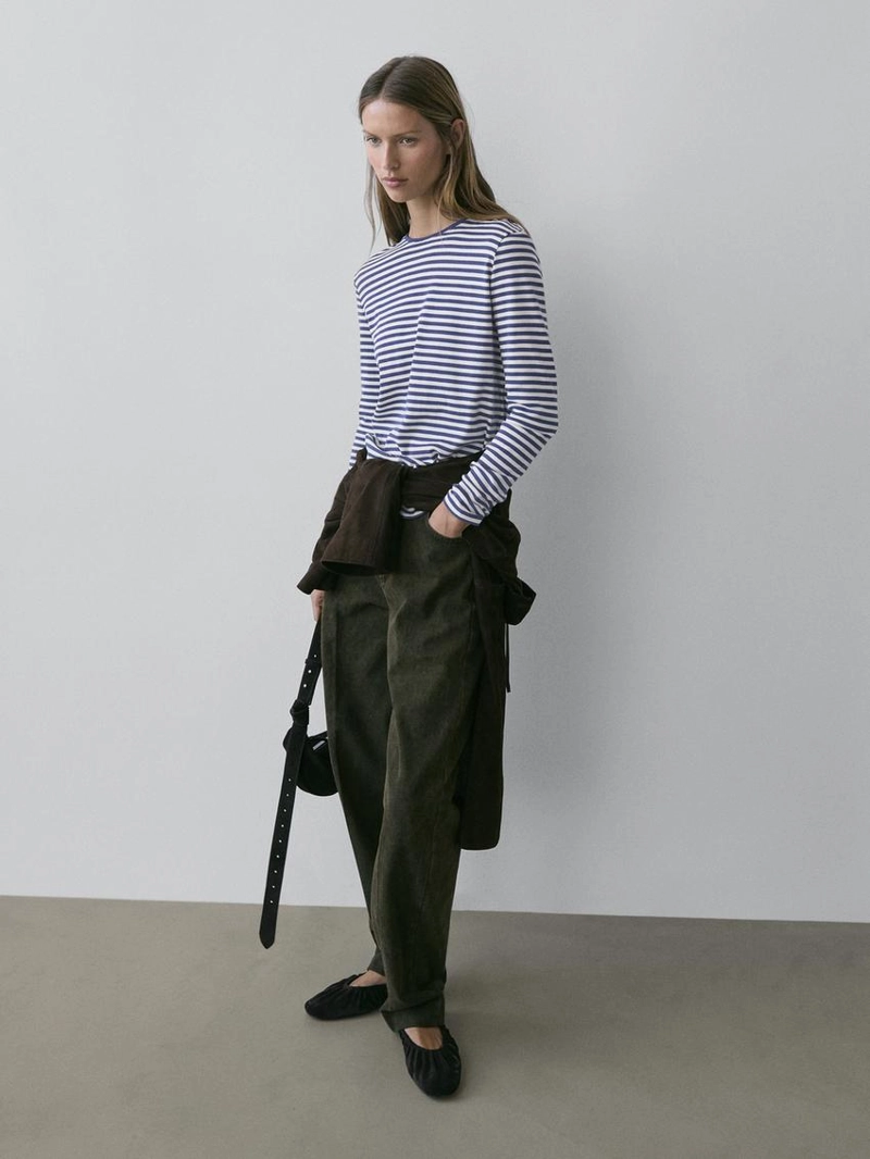 Футболка с длинным рукавом в полоску с контрастной отделкой