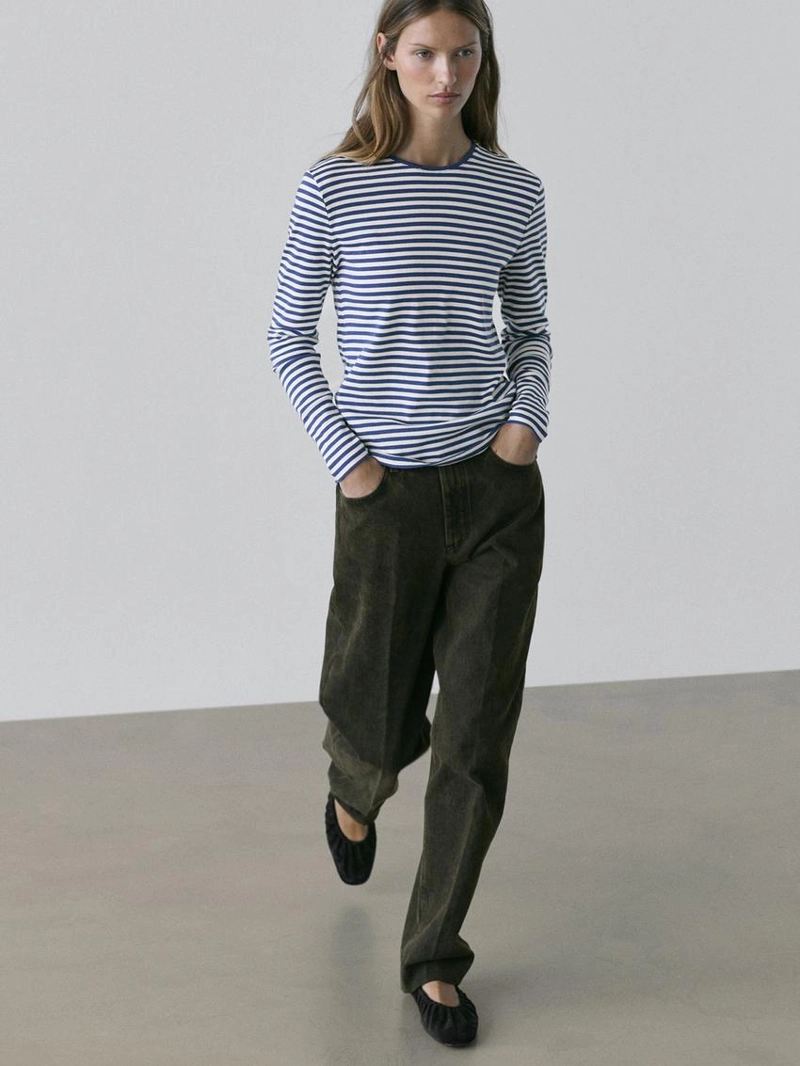 Футболка с длинным рукавом в полоску с контрастной отделкой