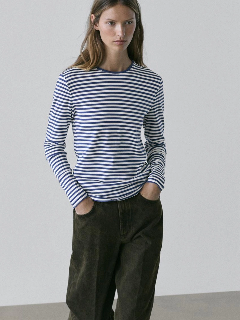 Футболка с длинным рукавом в полоску с контрастной отделкой