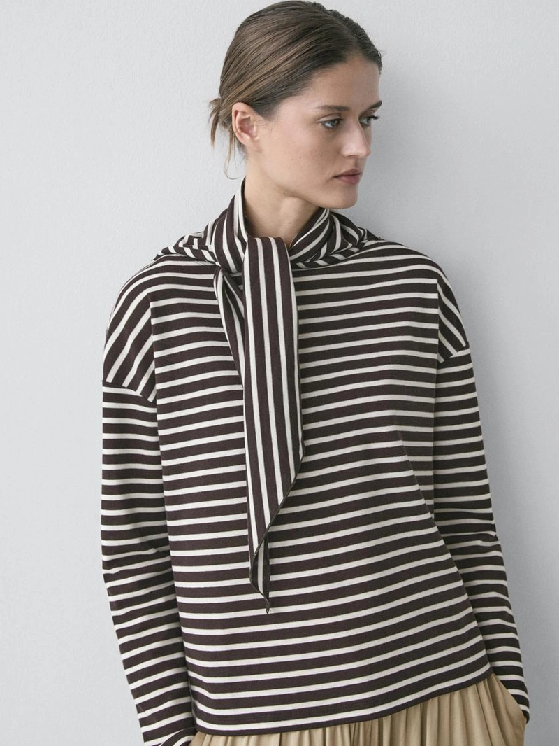 Футболка с полосками из хлопкового смесового материала с деталями шарфа