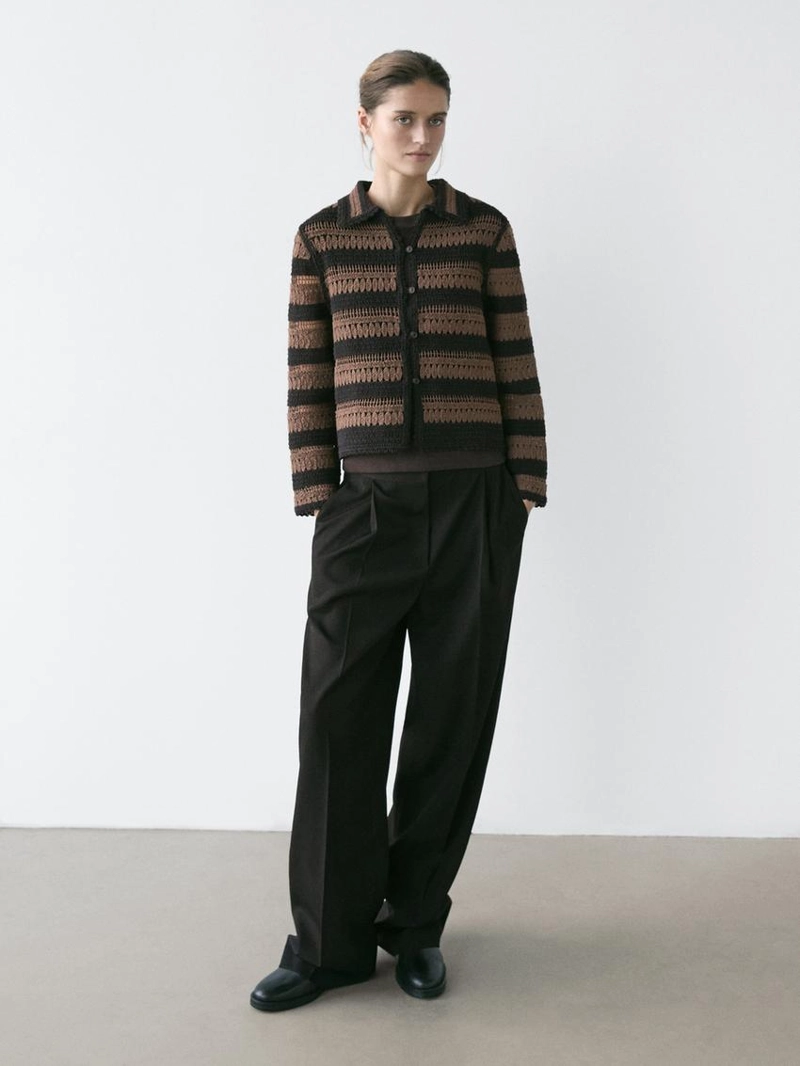 Короткая полосатая кардиган из вязаного крючком