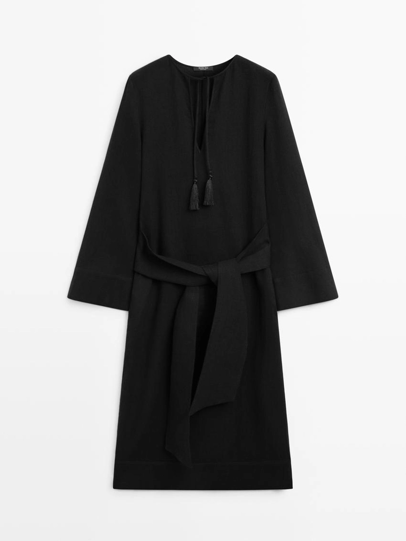 Платье-миди из 100% льна с деталями на завязках