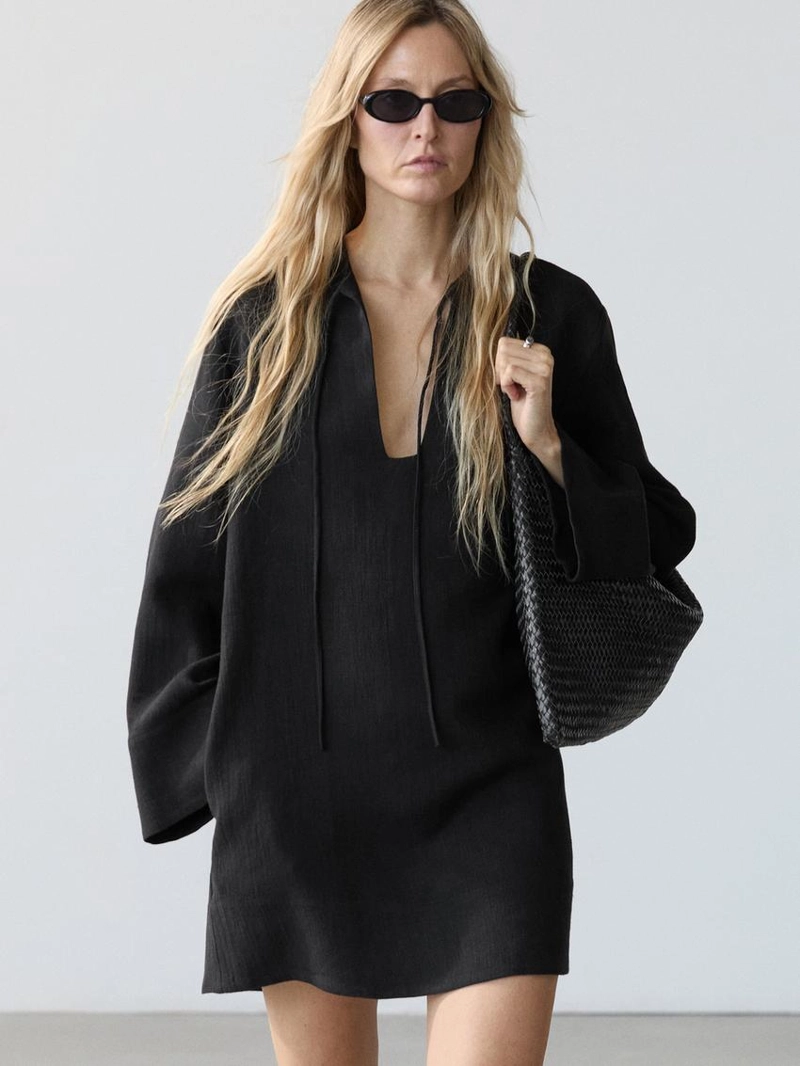 100% льняное мини-платье с воротником - стойкой