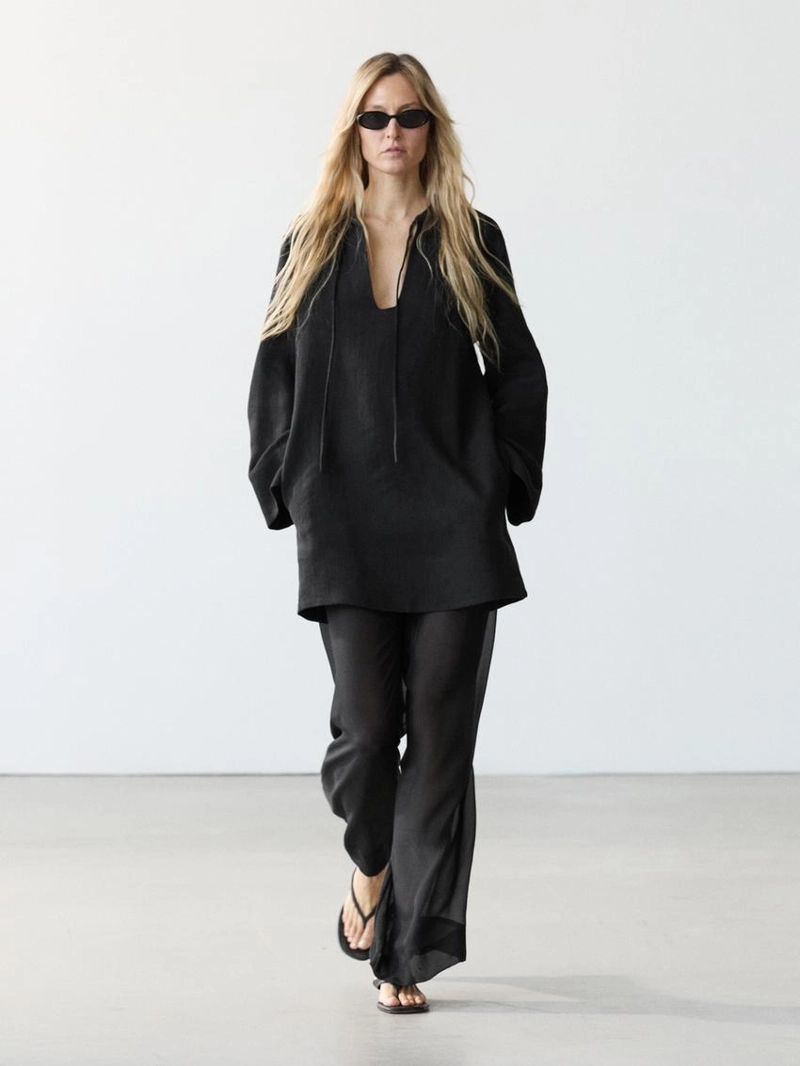 100% льняное мини-платье с воротником - стойкой