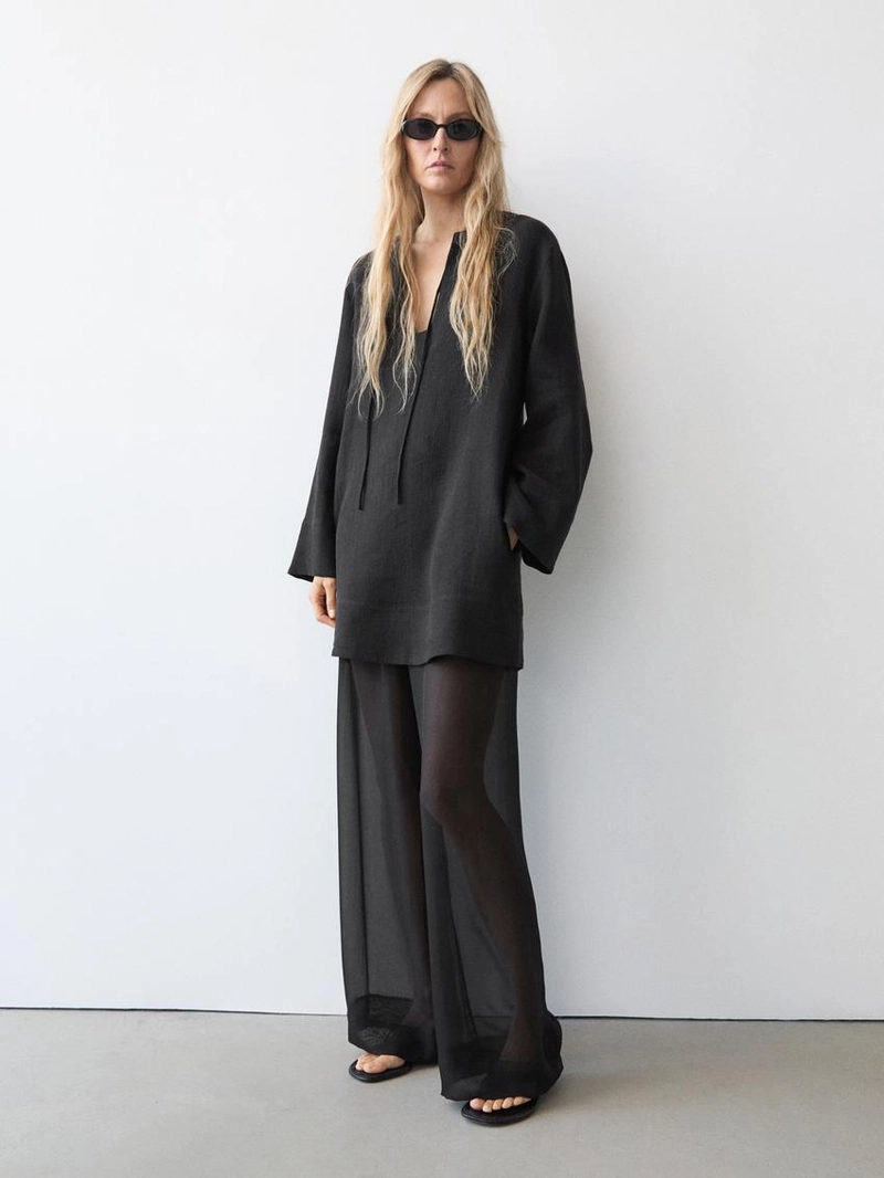 100% льняное мини-платье с воротником - стойкой