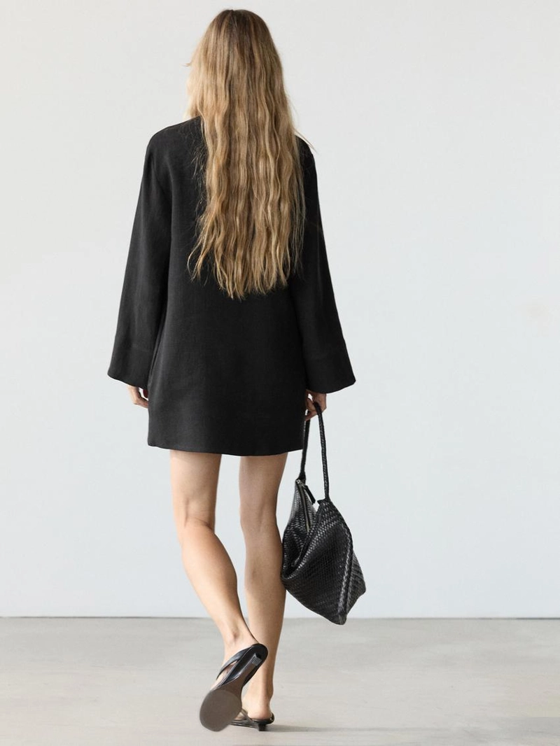 100% льняное мини-платье с воротником - стойкой