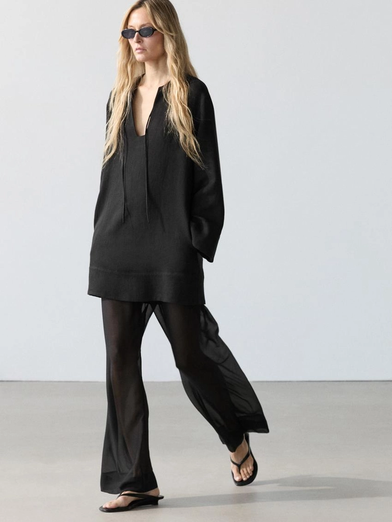 100% льняное мини-платье с воротником - стойкой