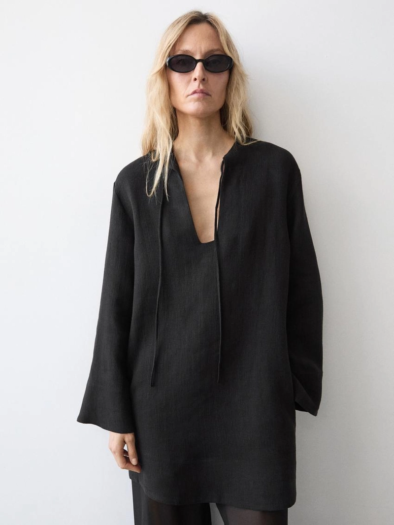 100% льняное мини-платье с воротником - стойкой