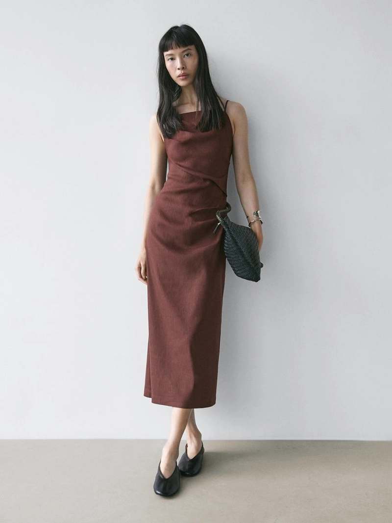 Платье миди из льняной смеси со стрэпами