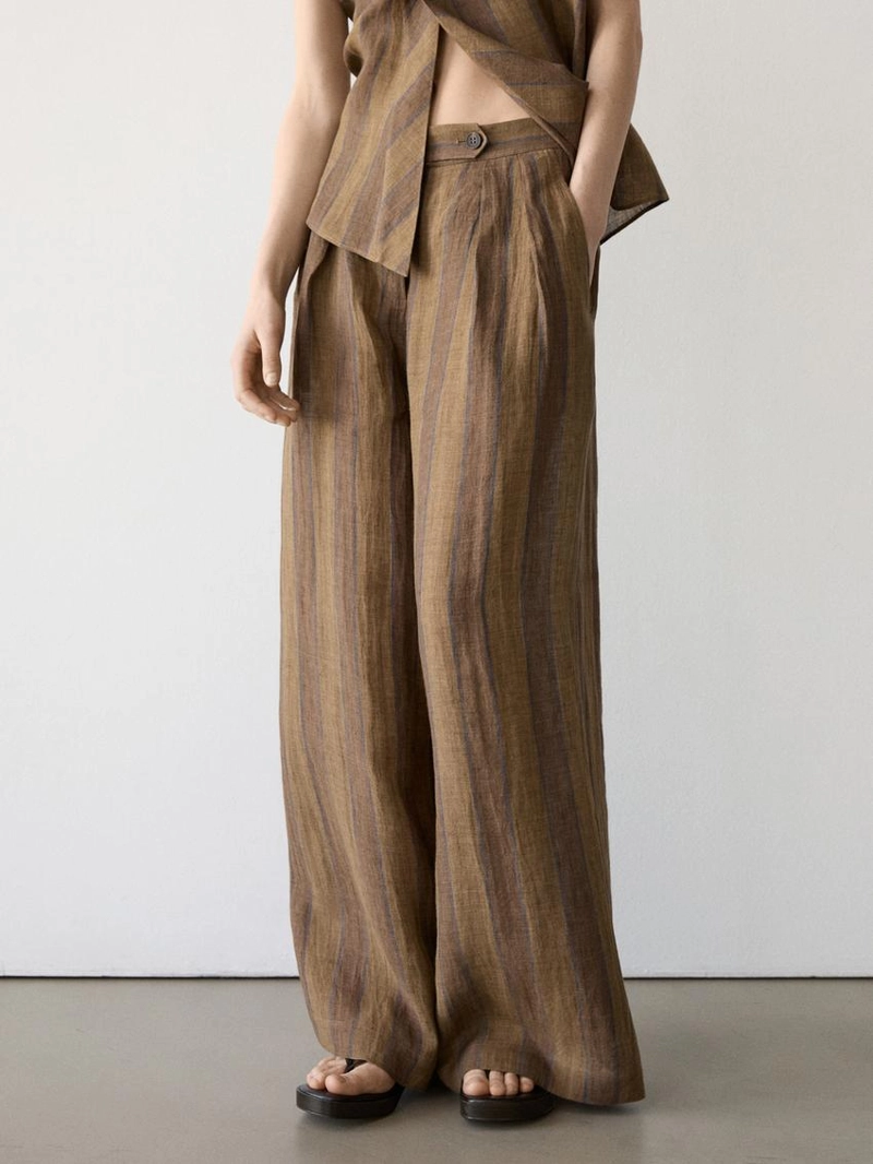 Широкие льняные брюки в полоску