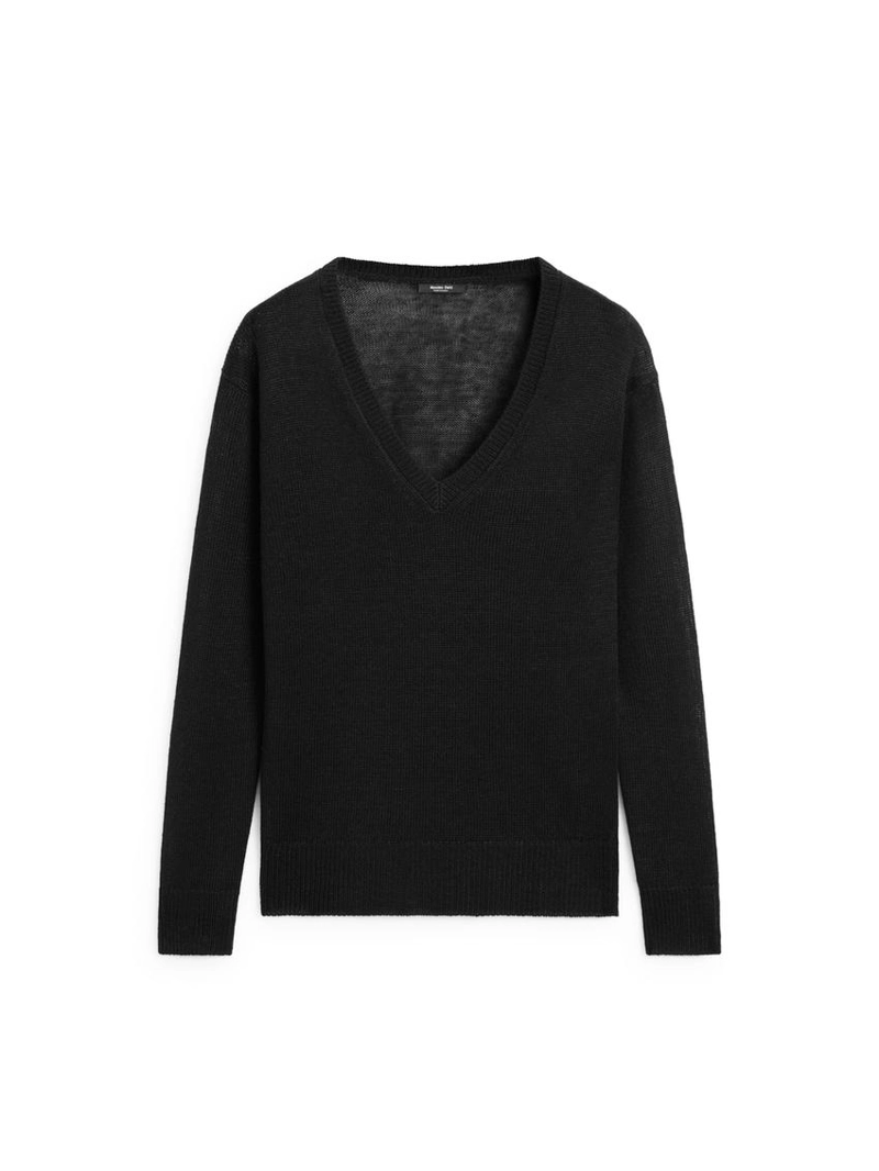 Льняной вязаный свитер с v-образным вырезом