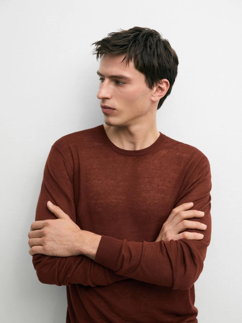 Свитер с круглым вырезом из льна и кашемира