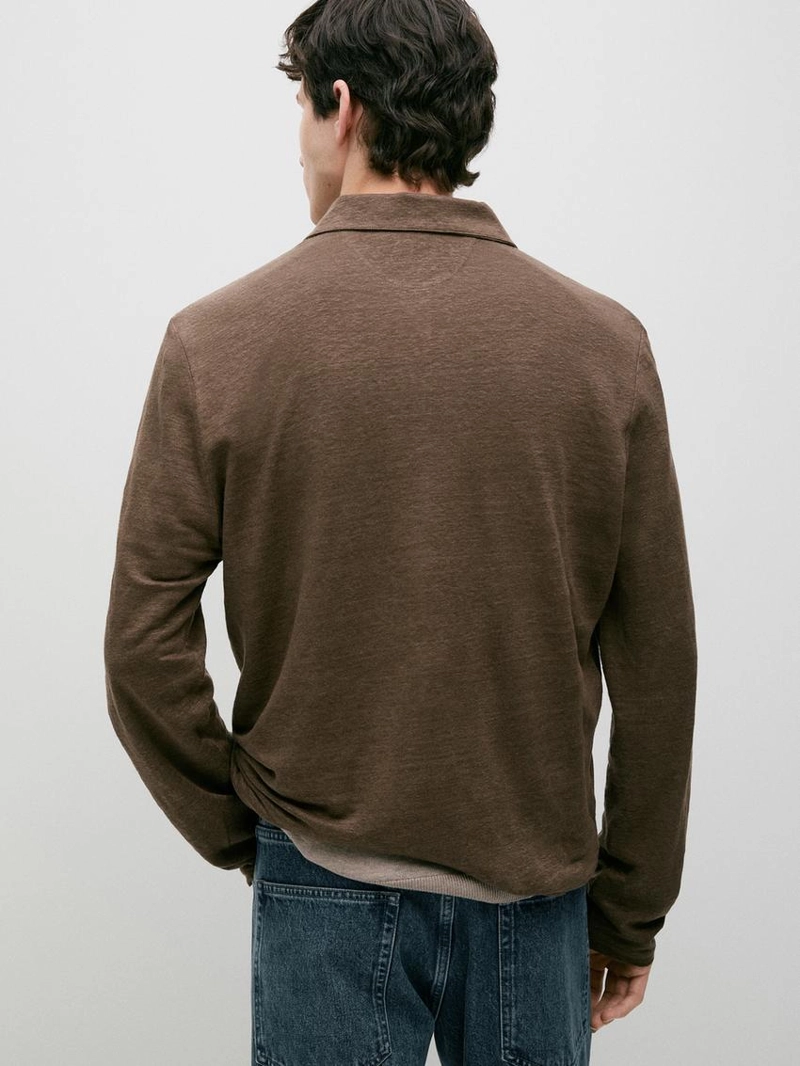 100% льняная рубашка поло с длинным рукавом