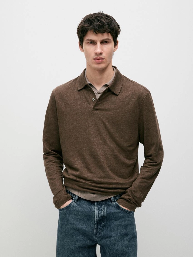 100% льняная рубашка поло с длинным рукавом