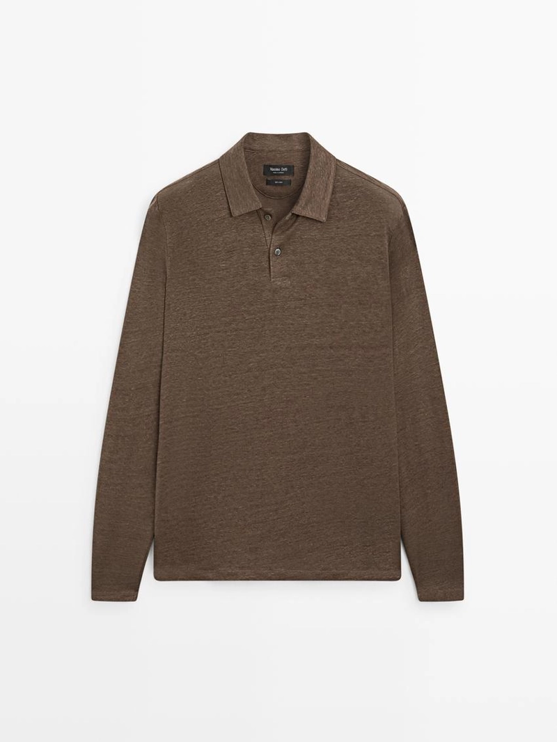 100% льняная рубашка поло с длинным рукавом