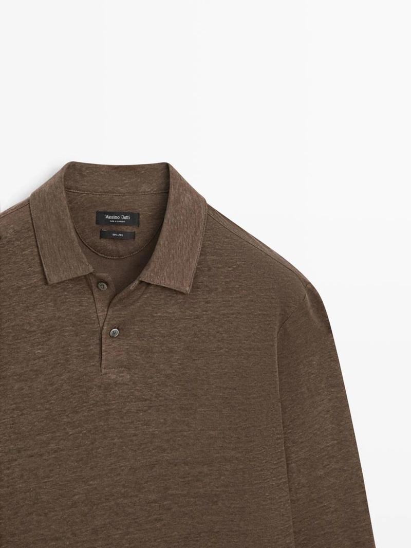 100% льняная рубашка поло с длинным рукавом