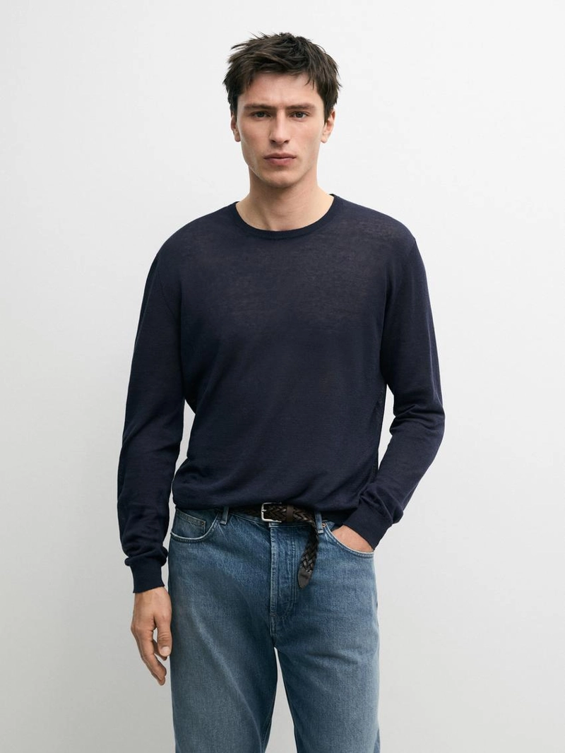 Свитер из льняно-кешмирной пряжи с круглым вырезом