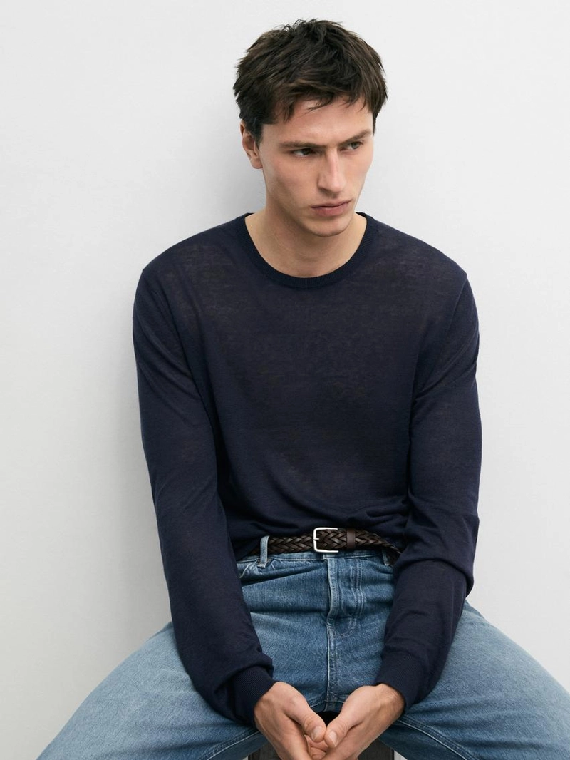 Свитер из льняно-кешмирной пряжи с круглым вырезом