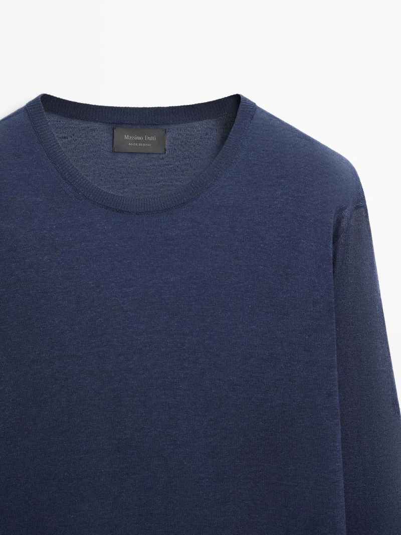 Свитер из льняно-кешмирной пряжи с круглым вырезом