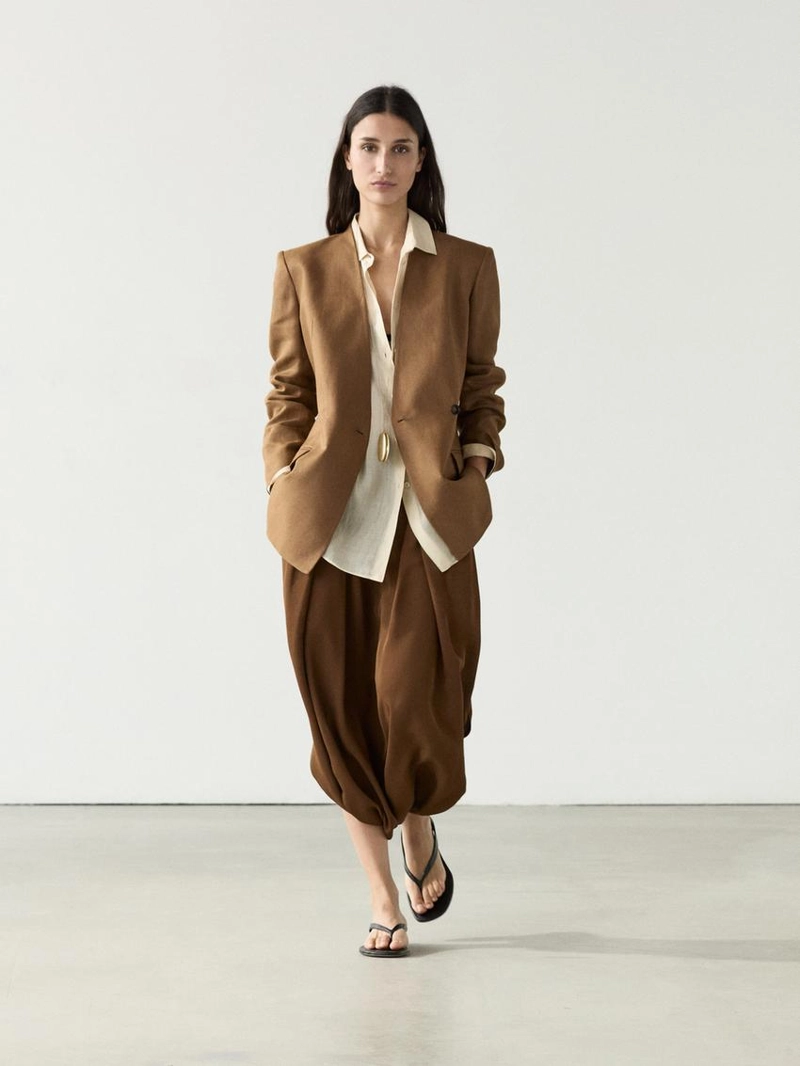 Пиджак на льняной основе без воротника с застежкой на пуговице