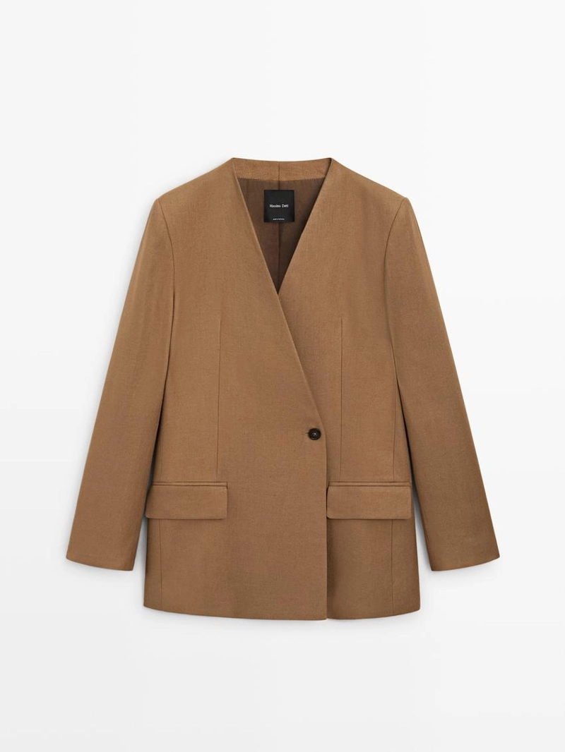 Пиджак на льняной основе без воротника с застежкой на пуговице