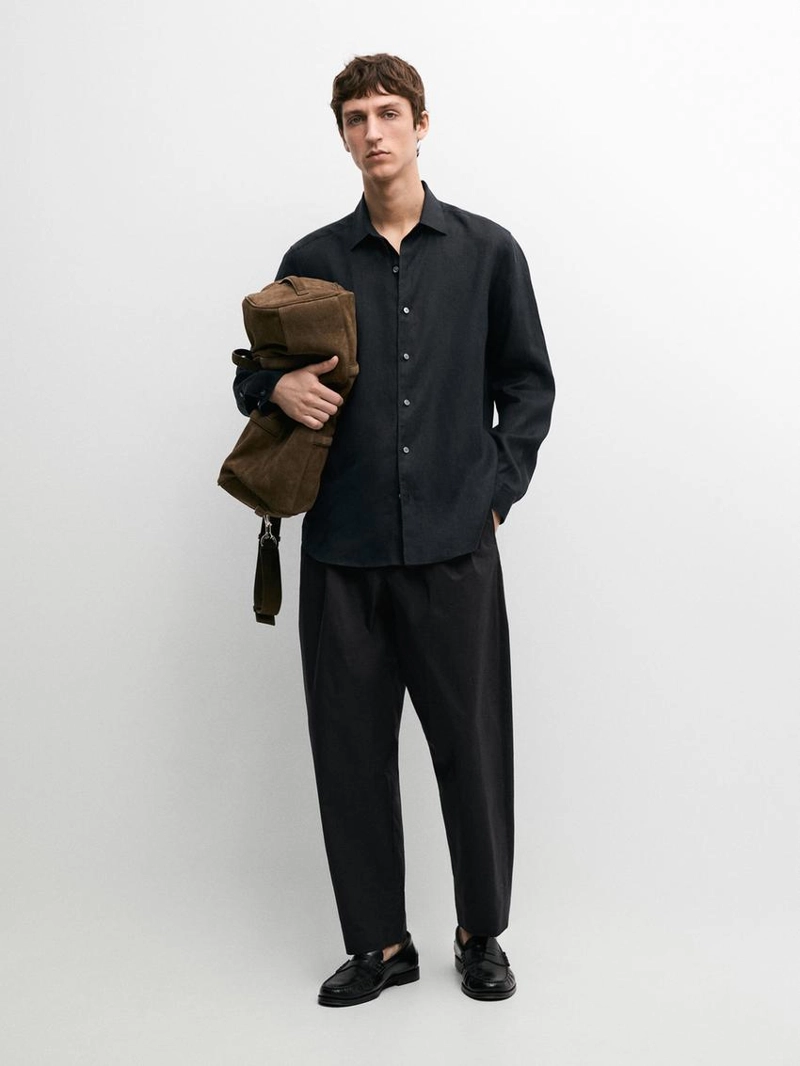 Рубашка из льна свободного кроя с длинным рукавом