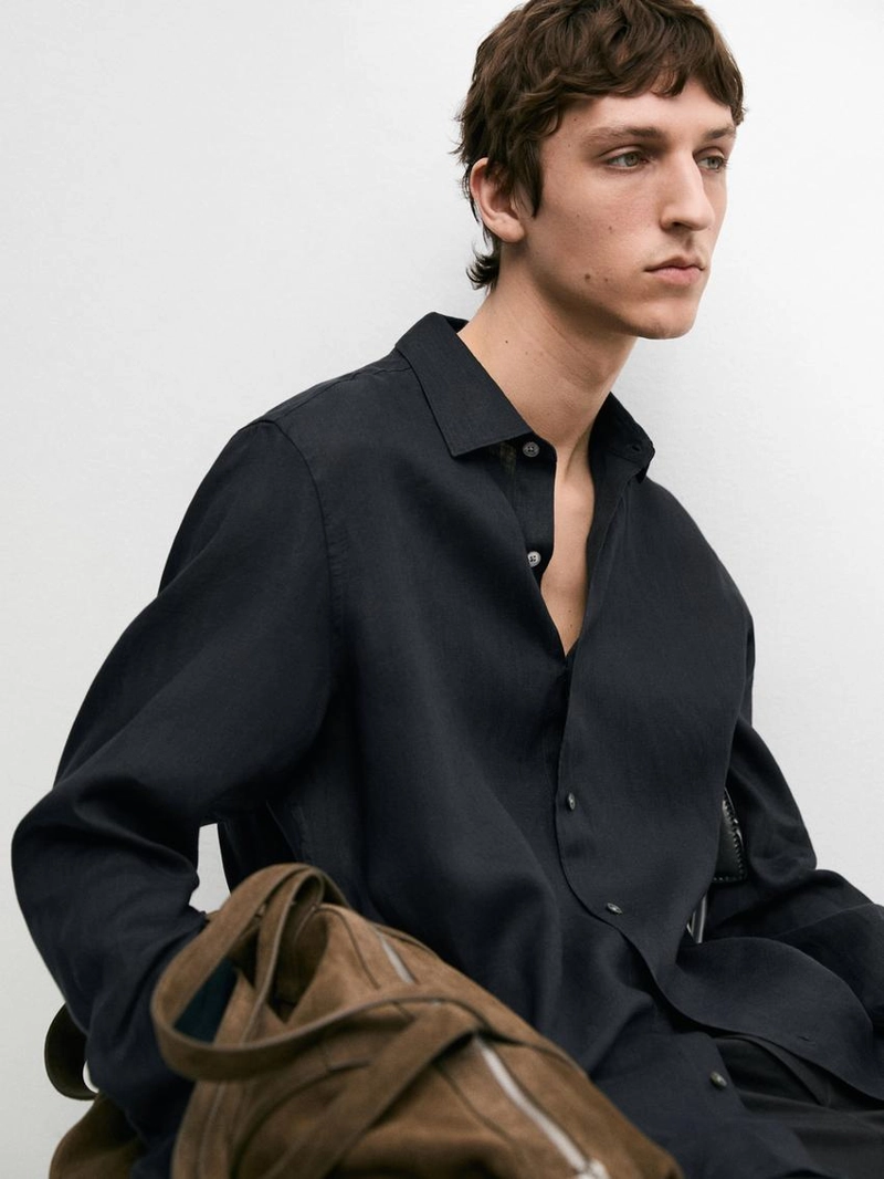 Рубашка из льна свободного кроя с длинным рукавом