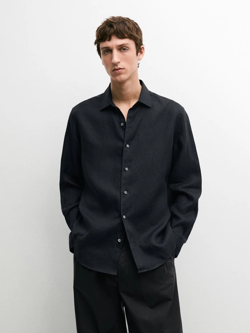 Рубашка из льна свободного кроя с длинным рукавом