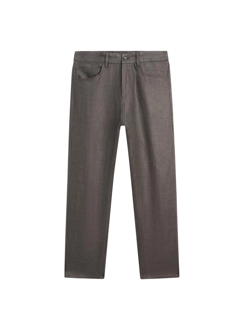 Льняные джинсовые брюки полуприталенного кроя