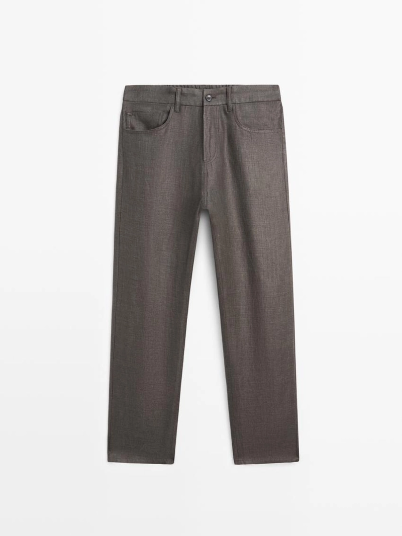 Льняные джинсовые брюки полуприталенного кроя