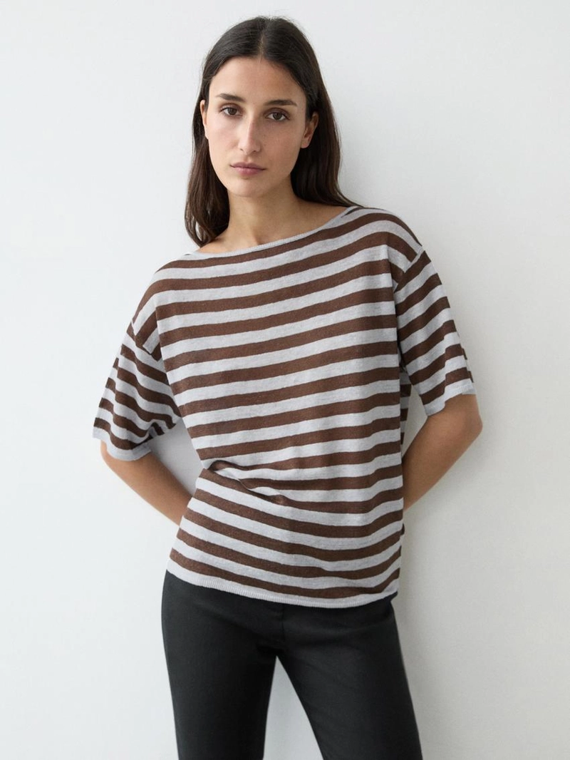 Футболка с лодочным вырезом из полосатого льна