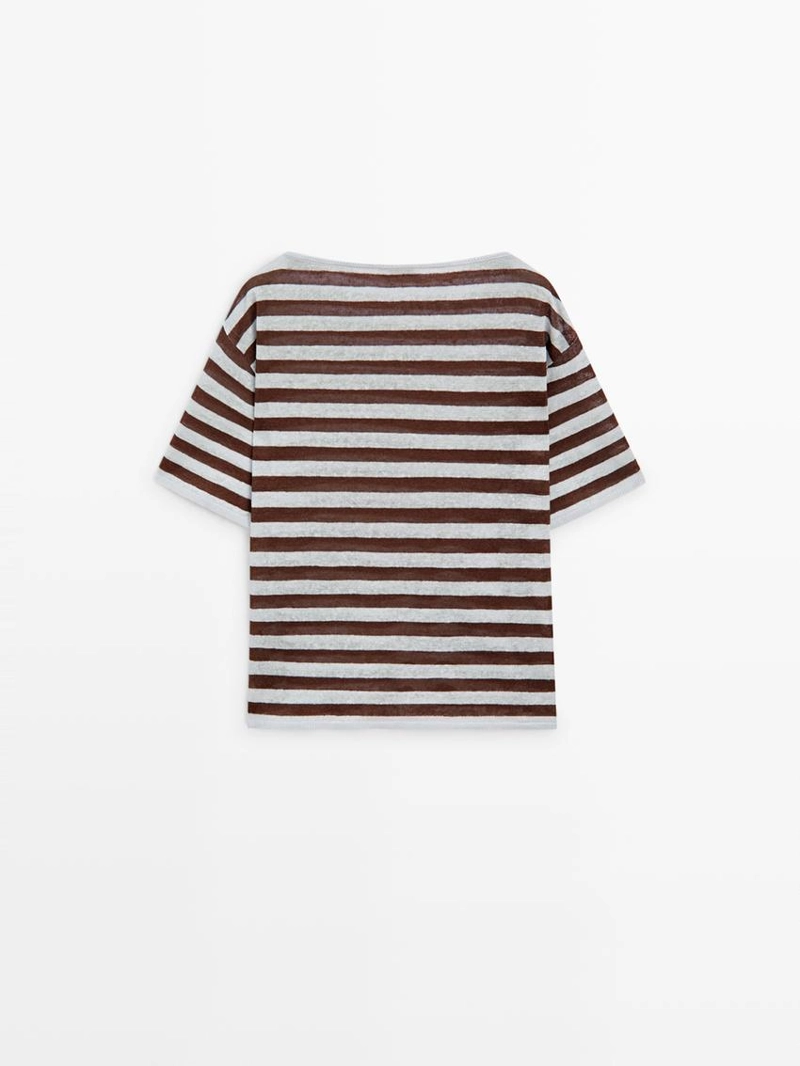 Футболка с лодочным вырезом из полосатого льна