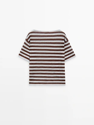 Футболка с лодочным вырезом из полосатого льна- Заказать в России