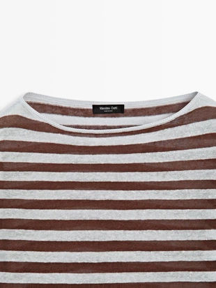 Футболка с лодочным вырезом из полосатого льна- Заказать в России