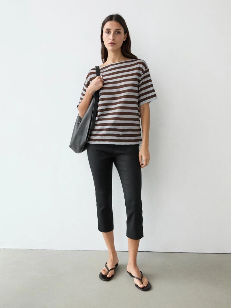 Футболка с лодочным вырезом из полосатого льна