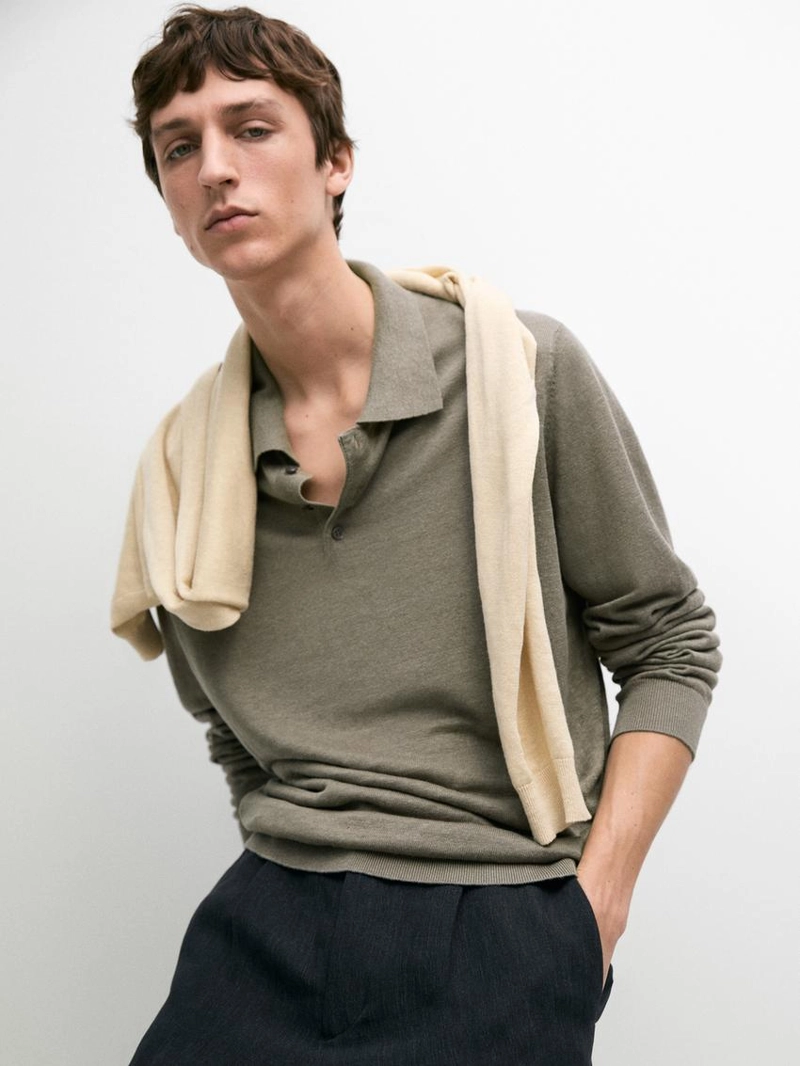 Трикотажный свитер с воротником поло из льна