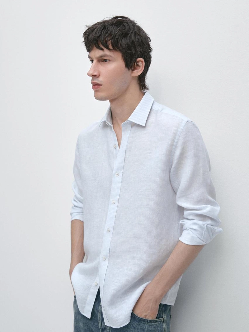 Рубашка из льна в полоску с приталенной посадкой