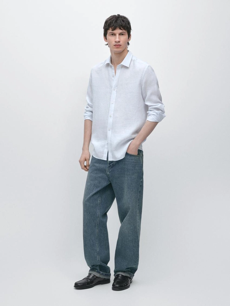 Рубашка из льна в полоску с приталенной посадкой