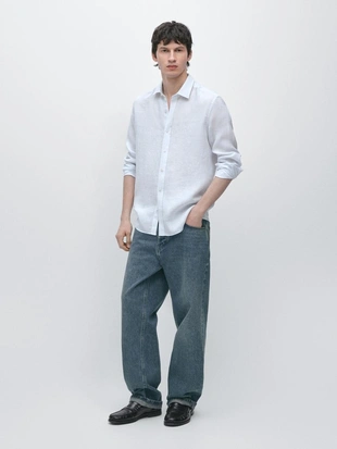 Рубашка из льна в полоску с приталенной посадкой- Заказать в России