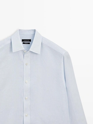 Рубашка из льна в полоску с приталенной посадкой- Заказать в России