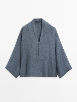 100% льняной кимоно с v-образным вырезом- Заказать в России