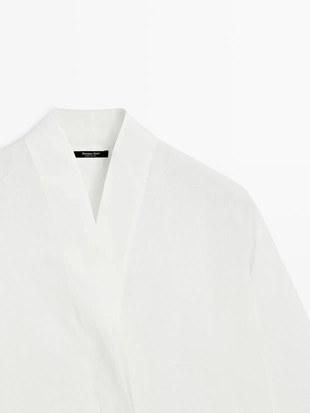 Блузка из льна с драпированным вырезом- Заказать в России