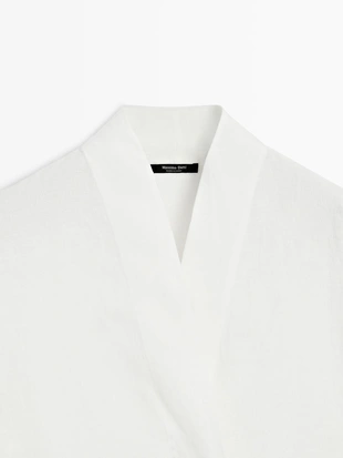 Блузка из льна с драпированным вырезом- Заказать в России