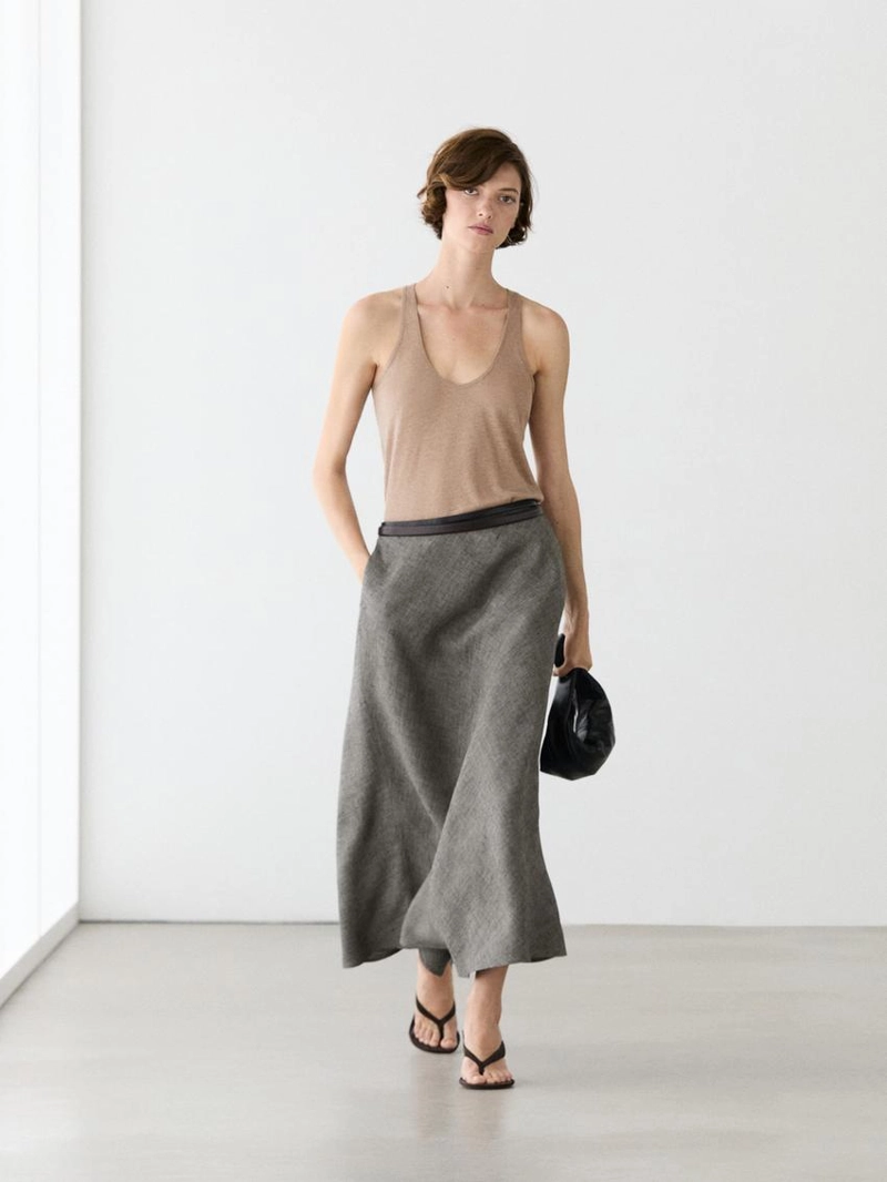 Юбка миди из льна с расклешенной юбкой